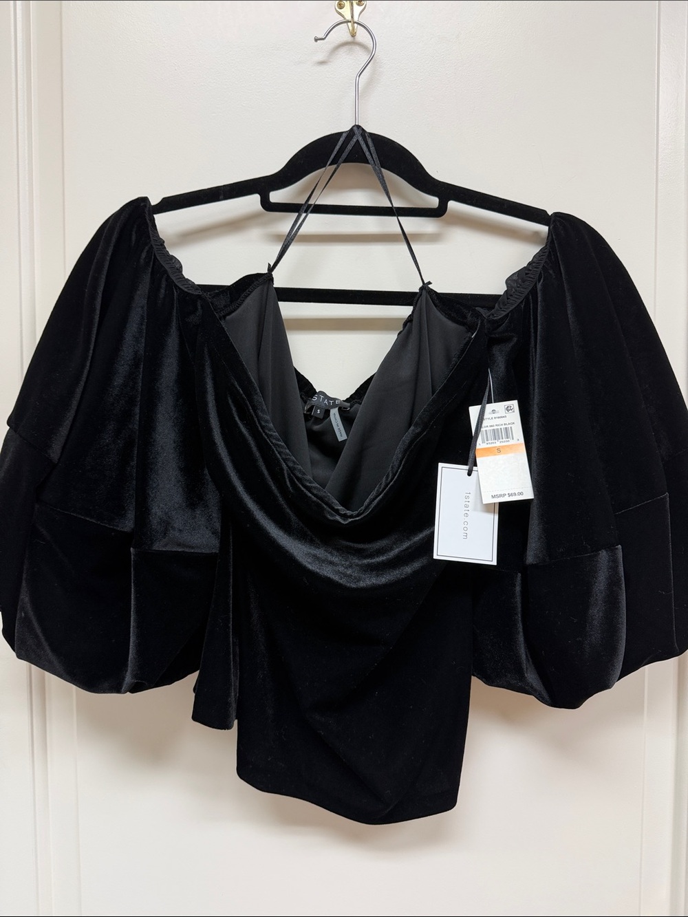 1. State Black Velvet Off-Shoulder Puff Sleeve Top
